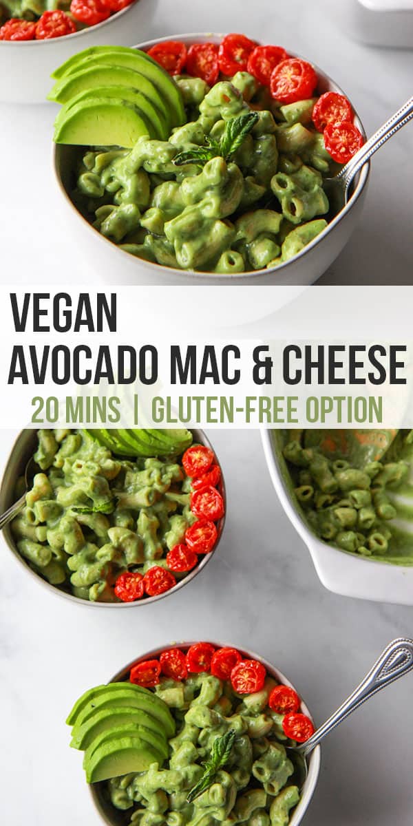 This creamy vegan avocado mac and cheese comes together in just 20 minutes. This nut-free vegan macaroni and cheese is unbelievably creamy and cheesy, due to the avocado and nutritional yeast. Gluten-free option.