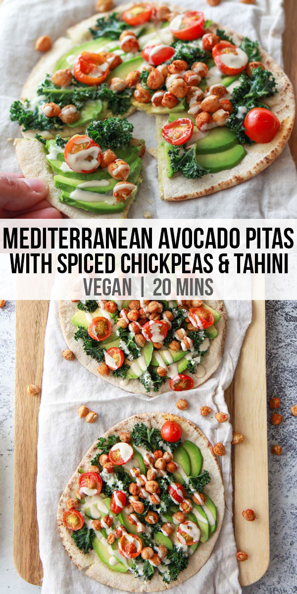 This avocado pita with spiced chickpeas and tahini puts a Mediterranean twist on avocado toast. This vegan recipe is topped with burst cherry tomatoes and massaged kale.