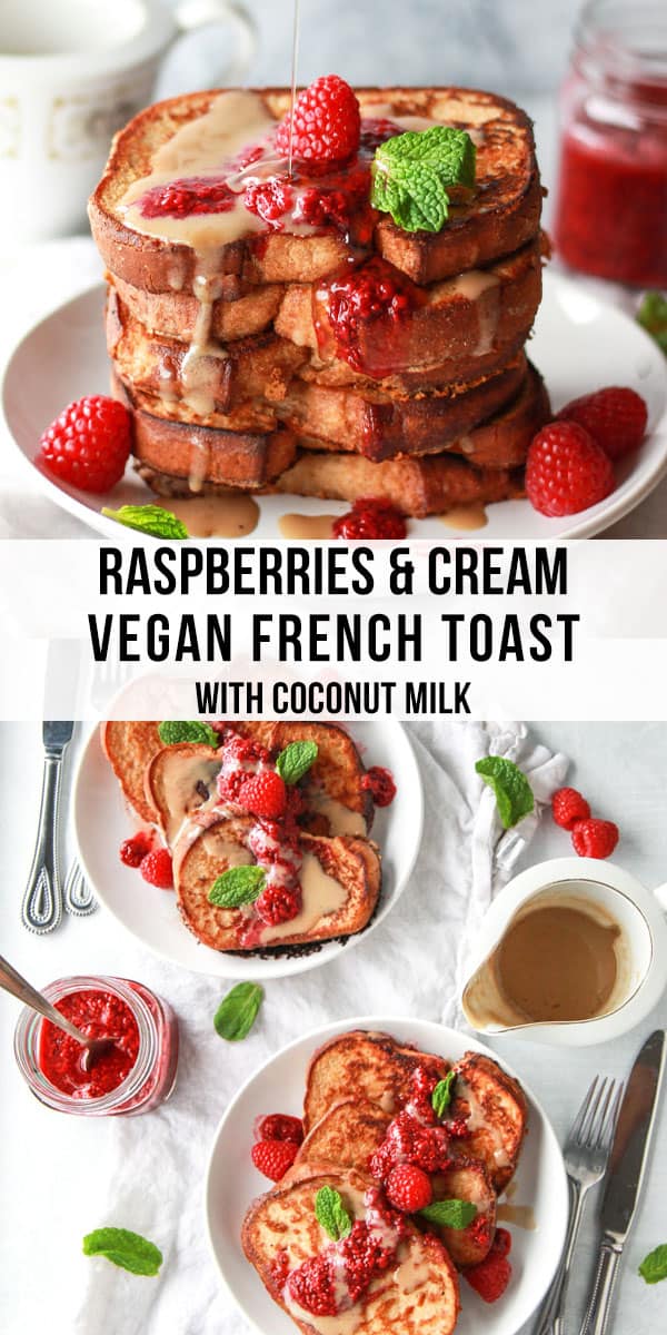 This vegan French toast is made with coconut milk, topped with a raspberry chia jam and coconut creme anglaise. This vegan raspberries and cream French toast has an eggy flavor and stays crispy due to chickpea flour.