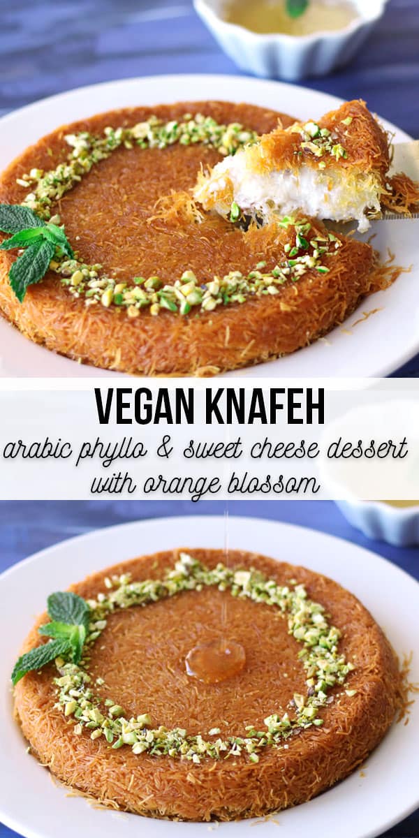 The vegan version of kunafa (knafeh), a traditional Middle-Eastern shredded phyllo dough and sweet cheese dessert, soaked in orange blossom syrup and topped with pistachios.