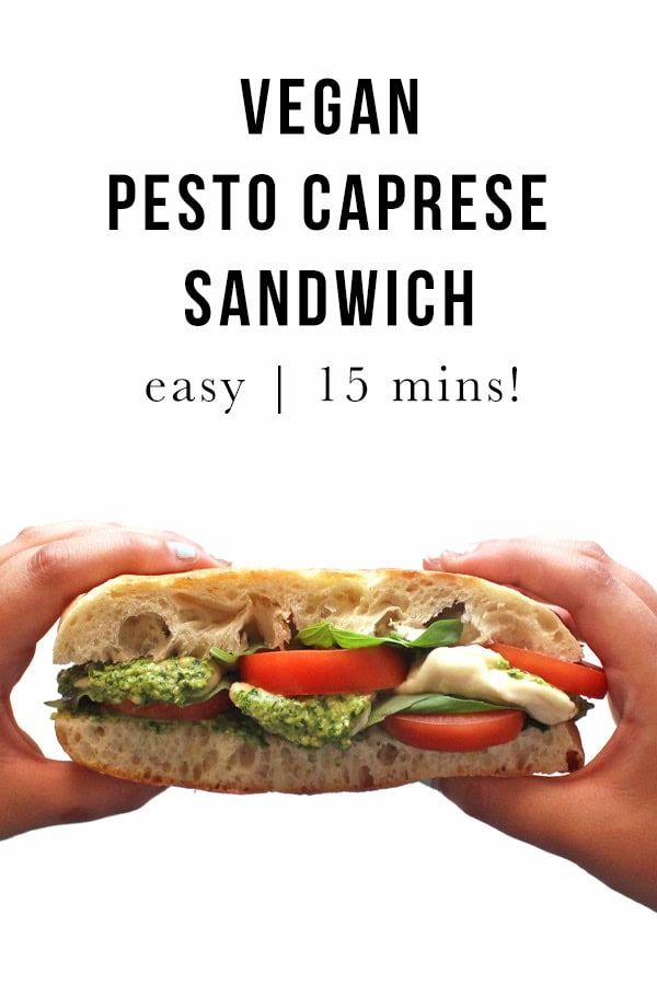 This vegan caprese sandwich recipe has layers of vegan basil pesto, stretchy cashew mozzarella, and tomato. Basil leaves, fresh tomato, vegan pesto, and plant based cashew mozzarella make a delicious sandwich combination.