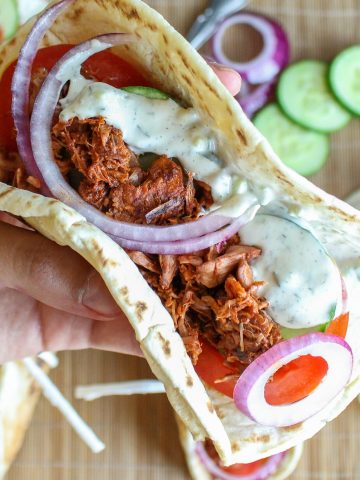 vegan jackfruit gyros with creamy tzatziki