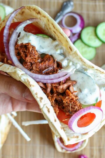 vegan jackfruit gyros with creamy tzatziki