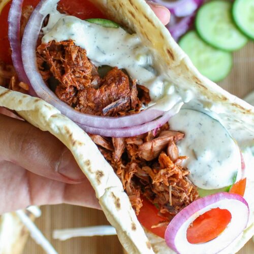 vegan jackfruit gyros with creamy tzatziki