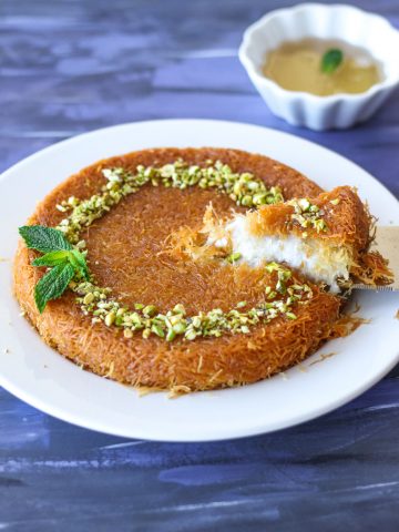 vegan kunafa or knafeh, a shredded phyllo and sweet cheese dessert