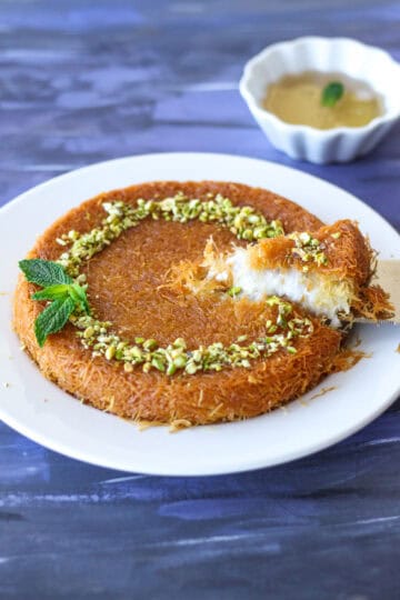 vegan kunafa or knafeh, a shredded phyllo and sweet cheese dessert