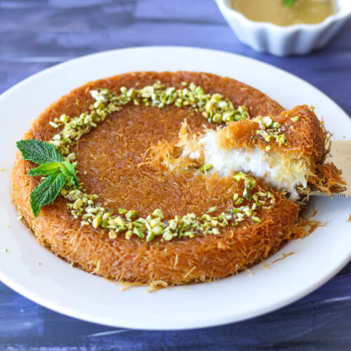 vegan kunafa or knafeh, a shredded phyllo and sweet cheese dessert