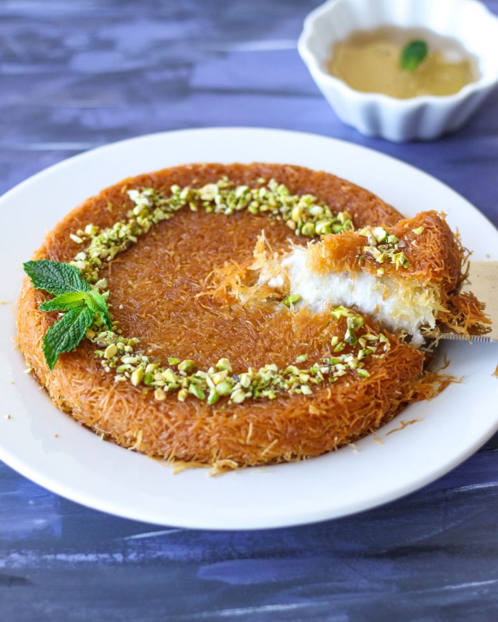 vegan kunafa or knafeh, a shredded phyllo and sweet cheese dessert