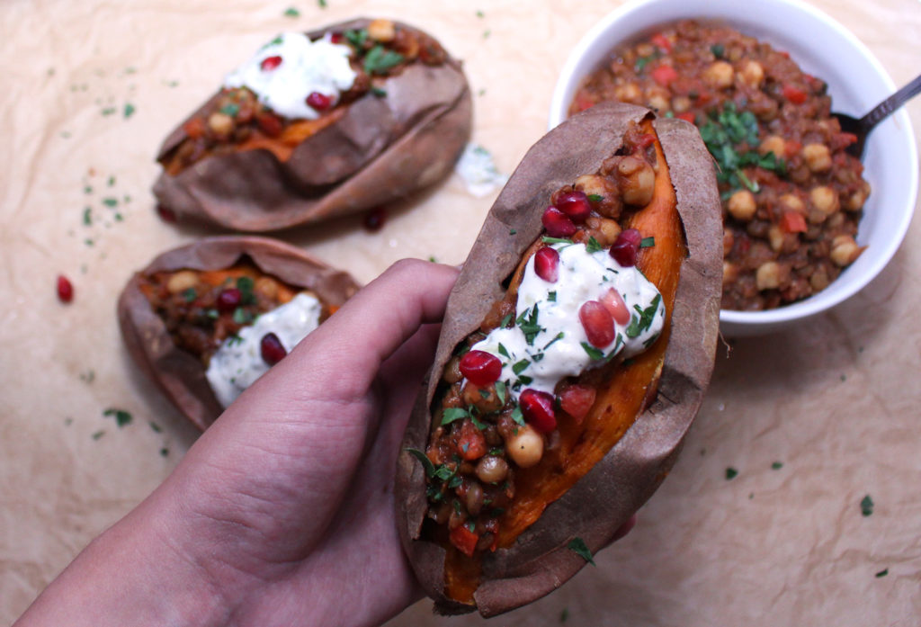 mediterranean vegan vegetarian chili stuffed sweet potatoes chickpea lentil tzatziki gluten free roasted zenanzaatar food blog recipe