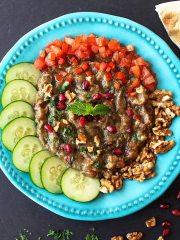 syrian baba ganoush without tahini, a smoky eggplant walnut dip