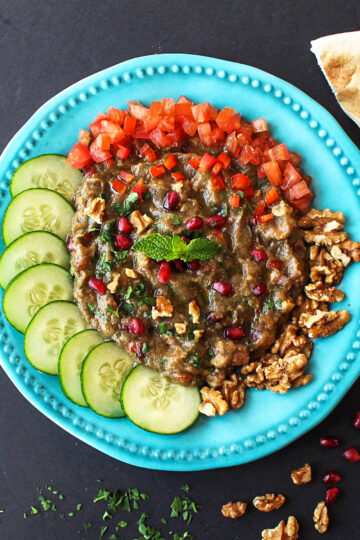 syrian baba ganoush without tahini, a smoky eggplant walnut dip