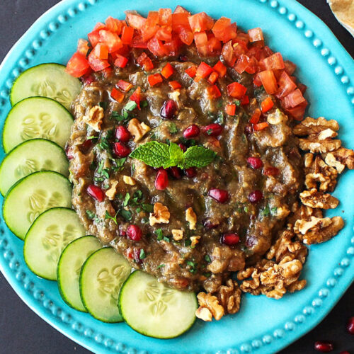 syrian baba ganoush without tahini, a smoky eggplant walnut dip