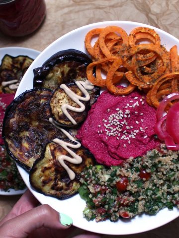 mediterranean veggie bowls buddha bowl hummus zaatar zenanzaatar vegan gluten free food blog recipe beet eggplant tahini quinoa tabbouleh tabouli