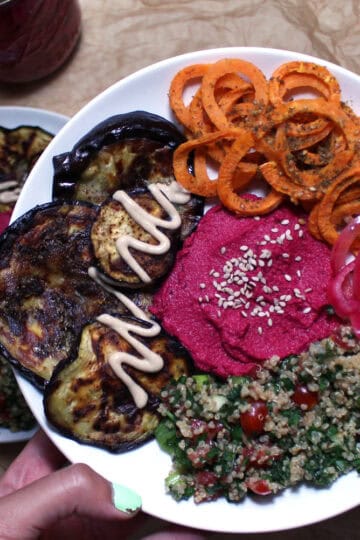 mediterranean veggie bowls buddha bowl hummus zaatar zenanzaatar vegan gluten free food blog recipe beet eggplant tahini quinoa tabbouleh tabouli