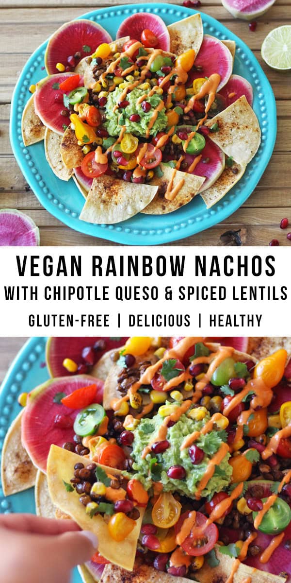 Vegan rainbow lentil nachos with Mexican spiced lentil taco meat, heirloom tomatoes, watermelon radish, fresh guacamole, and a chipotle cashew vegan queso recipe.