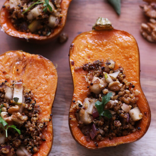 stuffed honeynut squash butternut quinoa pear maple balsamic sage walnut vegetarian vegan gluten free food blog recipe zenanzaatar