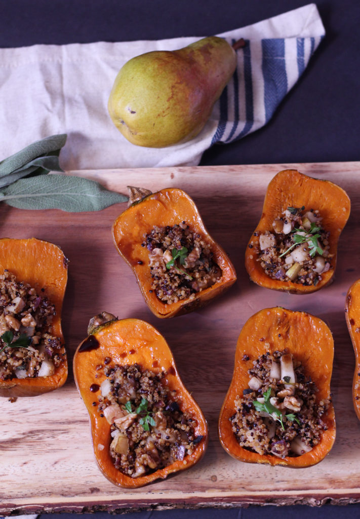 stuffed honeynut squash butternut quinoa pear maple balsamic sage walnut vegetarian vegan gluten free food blog recipe zenanzaatar