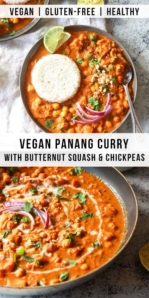 This vegan butternut squash & chickpea panang curry is a sweet, peanut flavored curry, inspired by the classic Thai dish. This vegan Thai peanut curry uses vegan panang curry paste, peanut butter, and coconut milk to create a rich and creamy base. This plant based curry uses chickpea and butternut squash instead of meat. Gluten-free with an oil-free option.