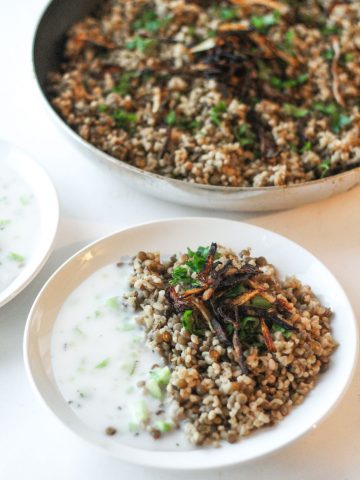 one pot mujadara, syrian bulgur and lentils with vegan cucumber yogurt