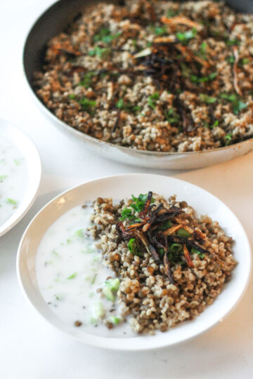 one pot mujadara, syrian bulgur and lentils with vegan cucumber yogurt