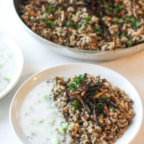 one pot mujadara, syrian bulgur and lentils with vegan cucumber yogurt