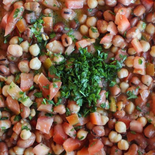 ful medames, a syrian fava bean and chickpea breakfast salad