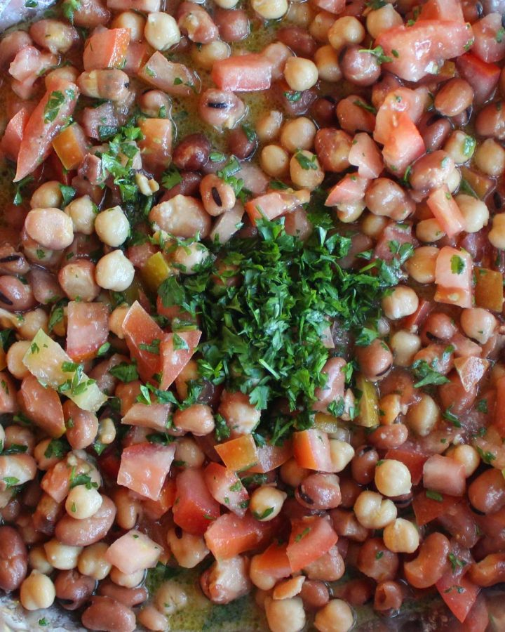 ful medames, a syrian fava bean and chickpea breakfast salad
