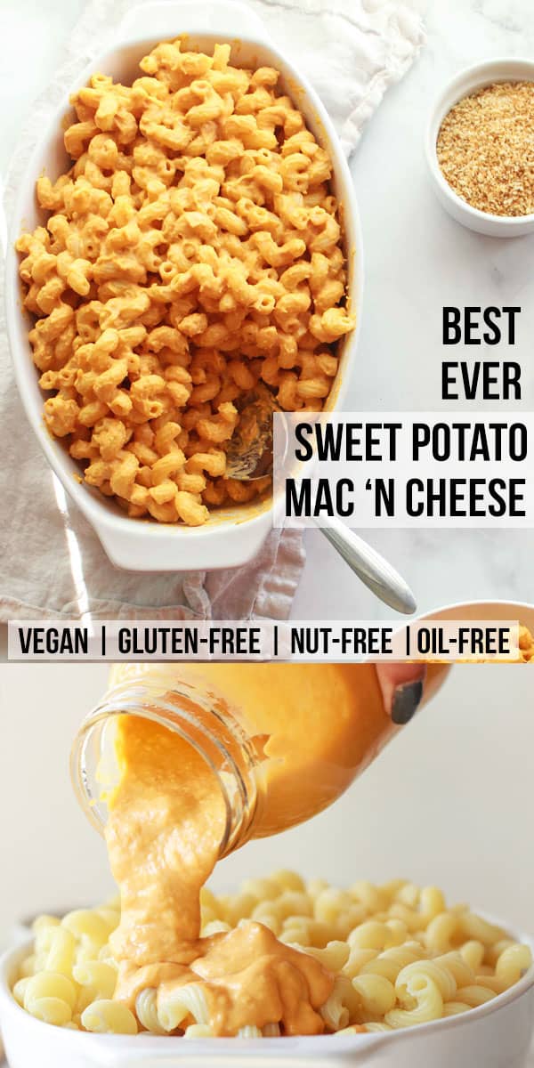 Learn how to make the best sweet potato mac and cheese! This vegan sweet potato based mac and cheese is creamy, nut-free, gluten-free, and this vegan mac and cheese recipe has an oil-free option. 