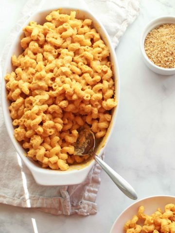 The best ever vegan sweet potato mac and cheese that is nut free, gluten free, and oil free