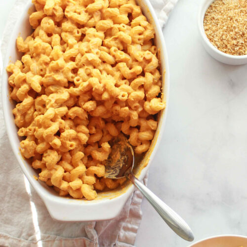 The best ever vegan sweet potato mac and cheese that is nut free, gluten free, and oil free