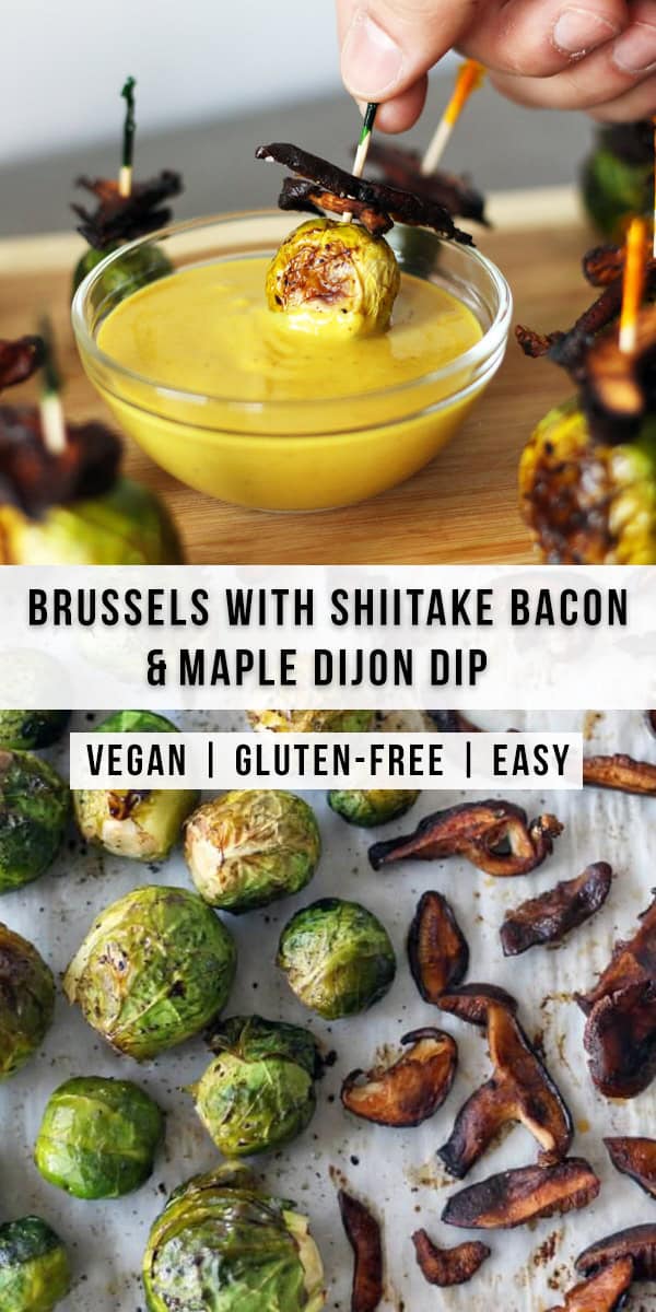 These roasted brussels sprouts are topped with shiitake bacon and paired with a vegan maple dijon dip. This recipe makes an easy vegan appetizer.