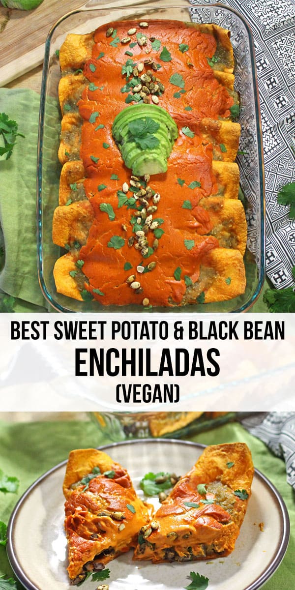 The best sweet potato and black bean enchiladas are covered in tangy salsa verde and a gooey, vegan chipotle cashew cheese.