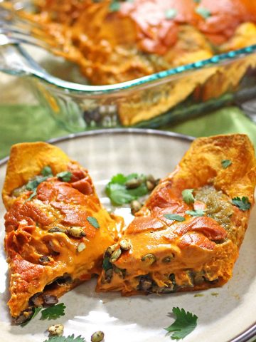 sweet potato black bean enchiladas verdes with vegan chipotle cashew cheese