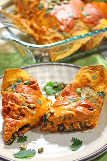 sweet potato black bean enchiladas verdes with vegan chipotle cashew cheese