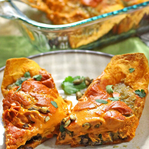 sweet potato black bean enchiladas verdes with vegan chipotle cashew cheese