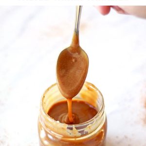 This simple 5-ingredient vegan salted tahini caramel sauce is done in 5 minutes! Perfect on top of your favorite ice cream, fruits, or hot cocoa! This easy vegan caramel sauce recipe is sweetened with coconut sugar.