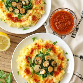 vegan polenta creamy oyster mushroom trumpet scallop scallops sun dried tomato puree spinach lemon butter vegetarian bay zenaznzaatar zena n zaatar food blog recipe