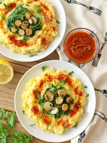 vegan polenta creamy oyster mushroom trumpet scallop scallops sun dried tomato puree spinach lemon butter vegetarian bay zenaznzaatar zena n zaatar food blog recipe