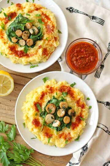 vegan polenta creamy oyster mushroom trumpet scallop scallops sun dried tomato puree spinach lemon butter vegetarian bay zenaznzaatar zena n zaatar food blog recipe