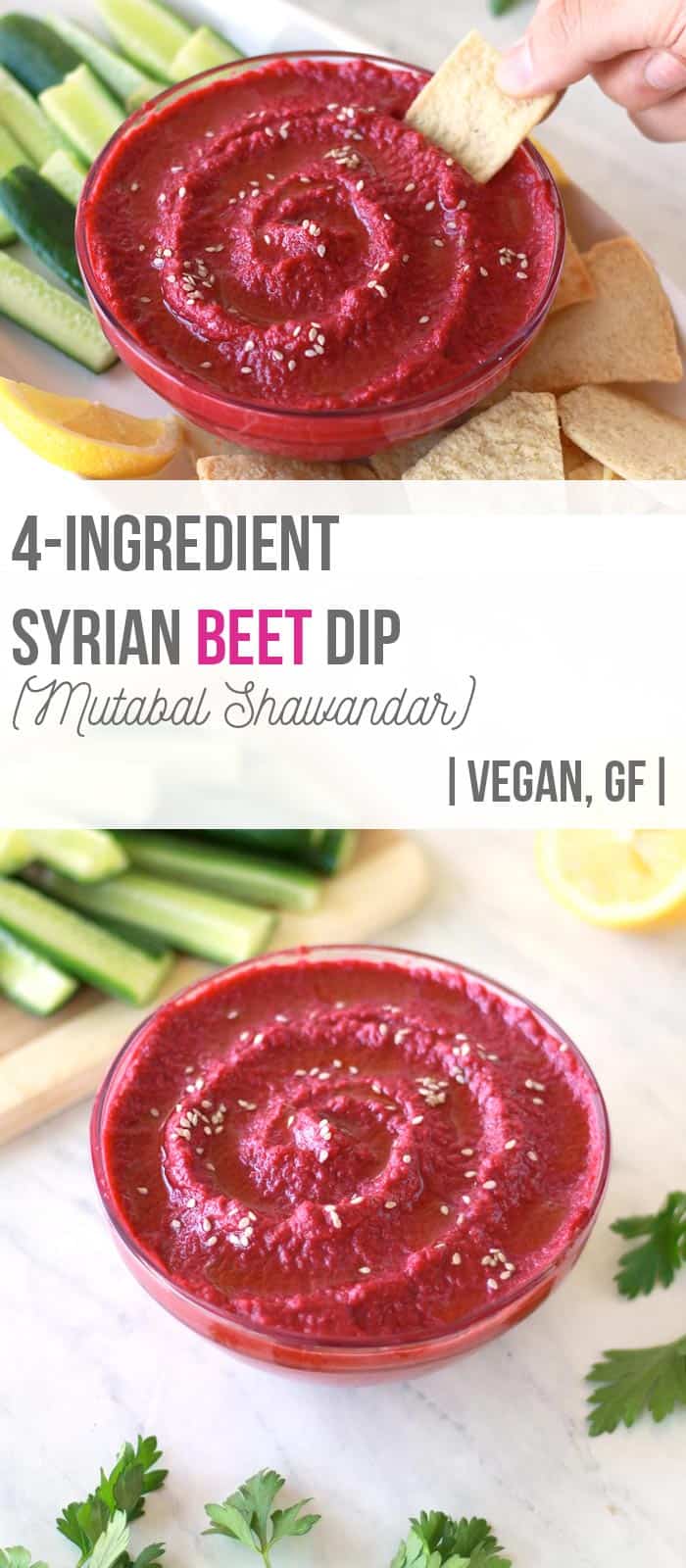 A vegan Mediterranean roasted garlic beet dip, Mutabal Shawandar or Shamandar makes a perfect appetizer or mezze with pita chips or raw veggies. Try this beet hummus, a Syrian recipe, as an alternative to traditional hummus!