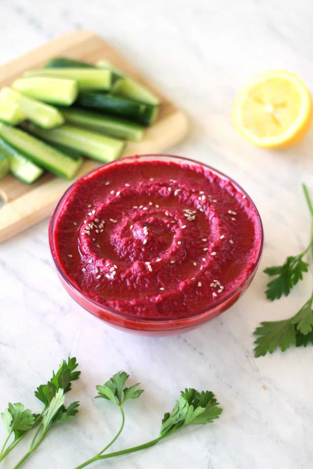 A vegan Mediterranean roasted garlic beet dip, Mutabal Shawandar or Shamandar makes a perfect appetizer or mezze with pita chips or raw veggies. Try this beet hummus, a Syrian recipe, as an alternative to traditional hummus!