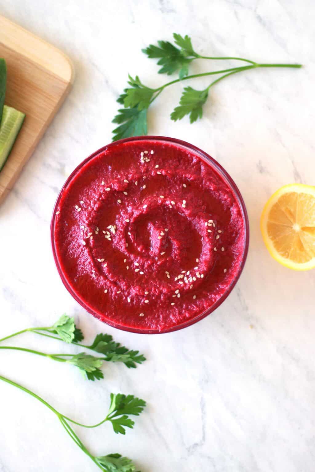 Mutabal Shawandar (Garlic Roasted Beet Dip) - Zen and Zaatar