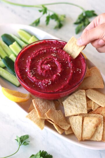 mutabal shawandar, a garlic roasted beet dip with tahini