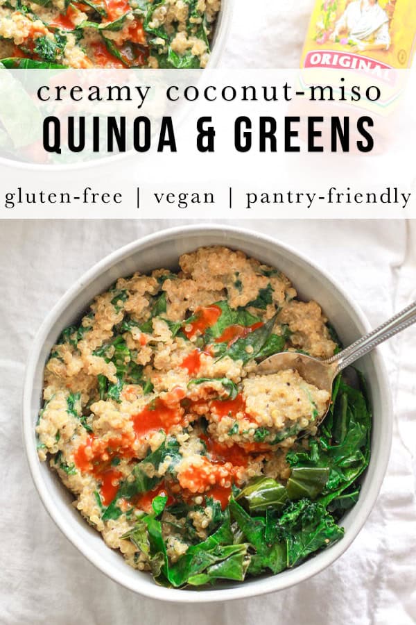 This savory, creamy quinoa and greens is a versatile side dish, but also filling enough to be a main. Coconut milk adds creaminess to this flavorful savory quinoa dish. This creamy coconut quinoa and greens is packed with umami flavor and protein!