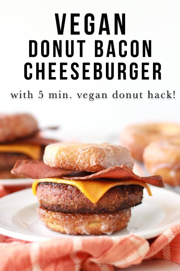 This vegan bacon cheeseburger is sandwiched between two glazed donuts as buns! Also known as the Luther Burger, this innovative veggie burger recipe comes with an easy vegan donut hack.