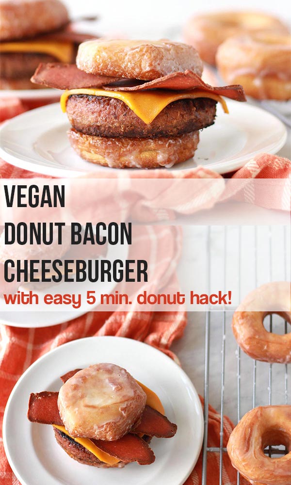 This vegan bacon cheeseburger is sandwiched between two glazed donuts as buns! Also known as the Luther Burger, this innovative veggie burger recipe comes with an easy vegan donut hack.