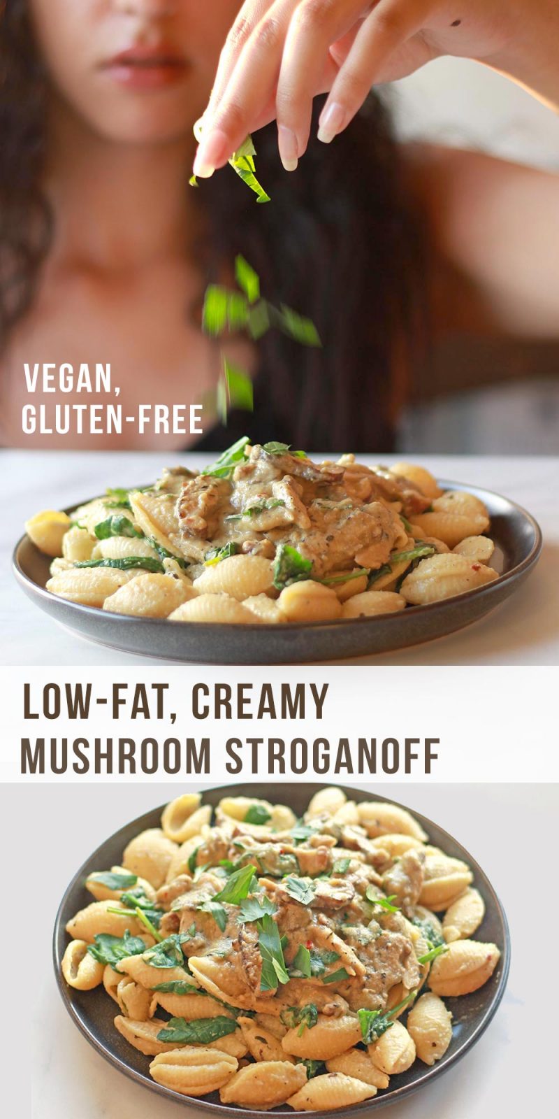 This low fat vegan stroganoff pasta uses zucchini to make a creamy, dairy free base for the mushroom stroganoff sauce.
