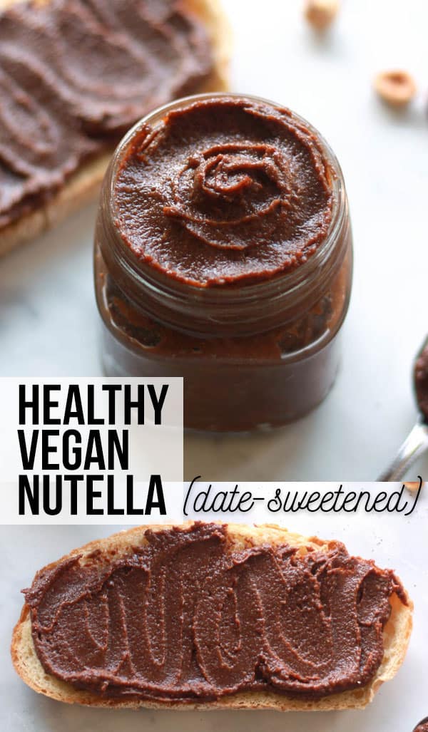 How to make healthy vegan Nutella. This vegan chocolate hazelnut spread recipe is date sweetened with a raw option.