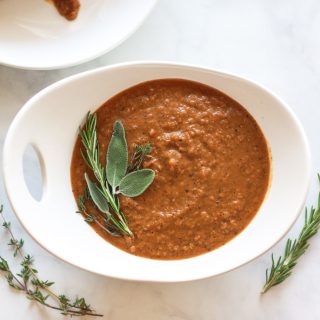 This herb and caramelized onion gravy is a flavor rich, gluten-free, vegan holiday recipe.