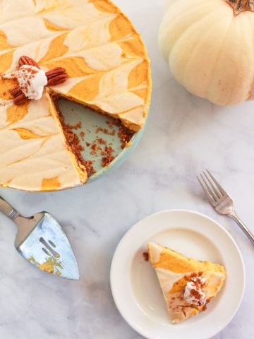 This no bake vegan pumpkin cheesecake is a decadent raw and gluten free dessert, perfect for the busy holidays as it just sets in the freezer!